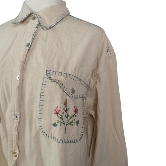 Vintage 90s Andrew's Blues Cream Button Down Shirt Floral Embroidery M - Picture 2 of 5